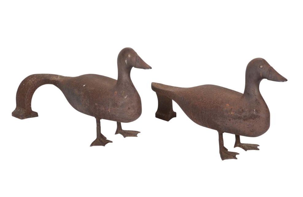 SOLD | Pair of Monumental Cast Iron Duck Andirons - Find Weatherly LLC
